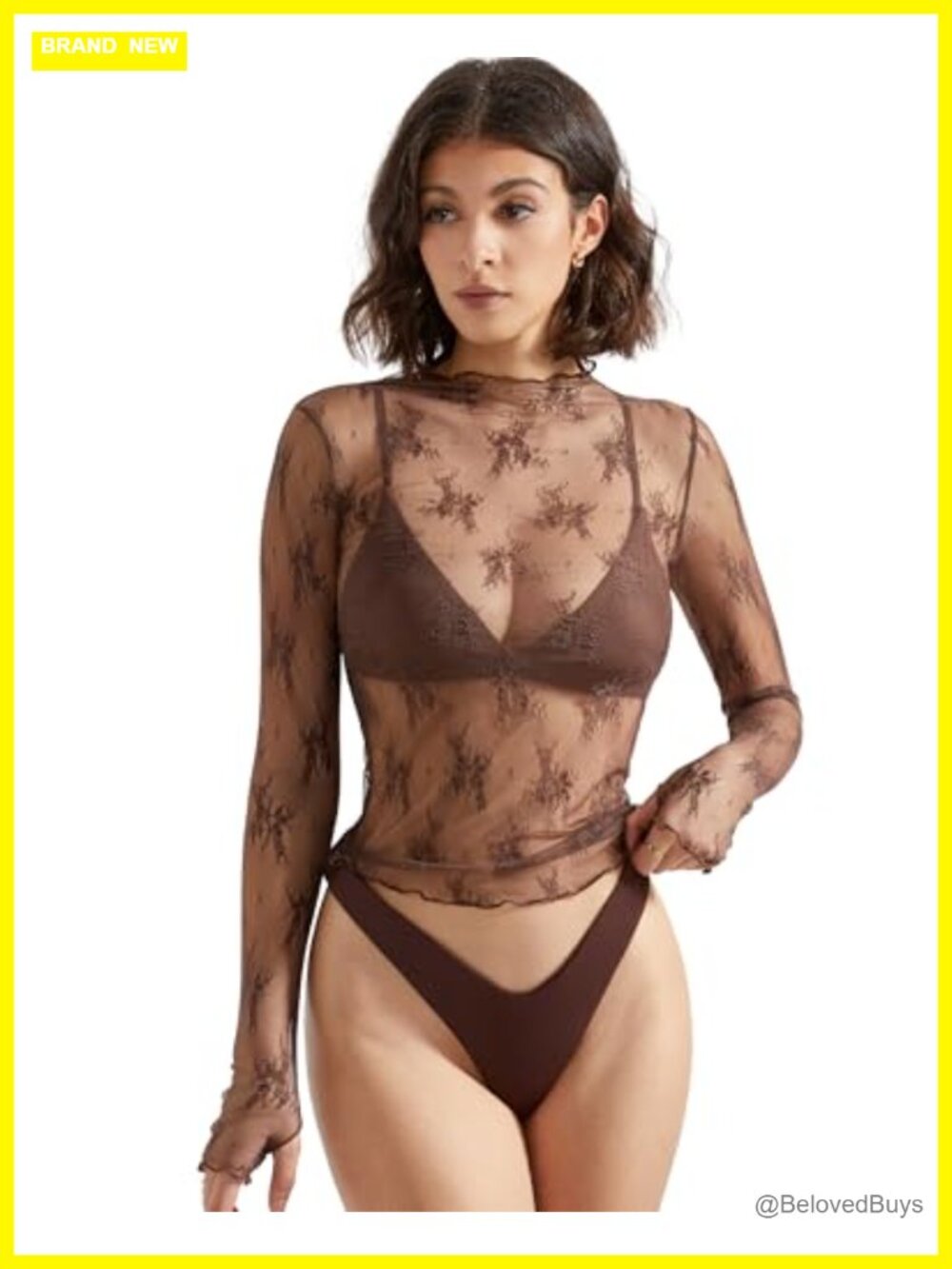 Women's Sheer Mesh Long Sleeve Mock Neck Lace Blouse Top